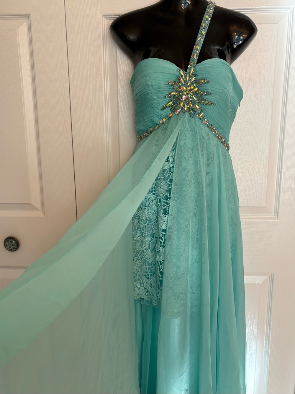Aqua One-Shoulder Beaded Long/short dress with (lined) lace underlay. NEW